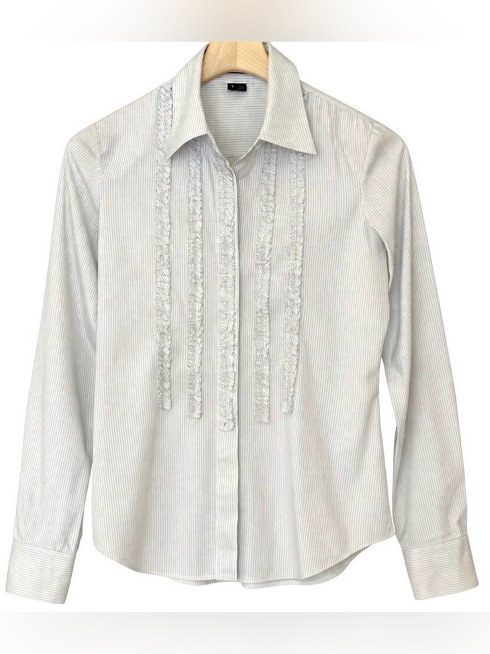 Theory Pinstripe Ruffle Tuxedo Button Down Shirt Gray Black Size Small